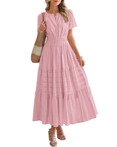 BTFBM Womens Summer 2025 Casual Midi Maxi Dresses Lightweight Short Sleeve V Neck Elastic Waist Boho Beach Dress Pockets(Bean Paste Pink, X-Large)