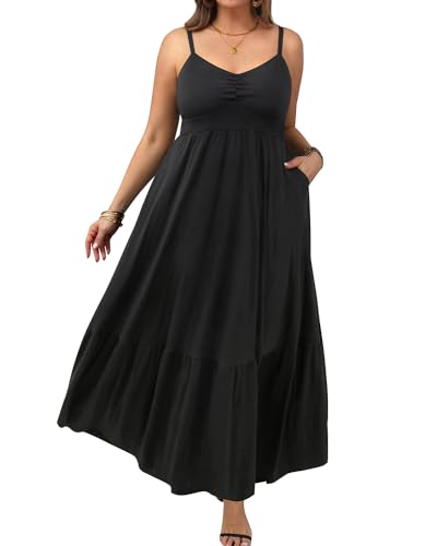 Plus Size Maxi Dress Women Summer Black Tiered Long Pockets Casual Beach Wedding Guest Spaghetti Strap Swing Sun Dresses