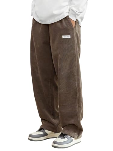 ZAFUL Mens Corduroy Straight Leg Pants Long Solid Elastic Waist Casual Pants Loose Fit Going Out Pants with Pockets Brown M