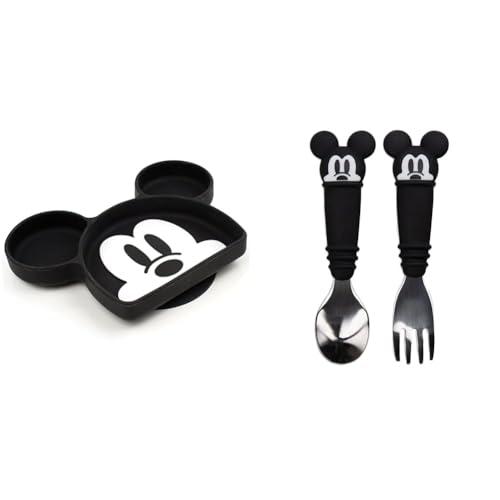 Bumkins Mickey Mouse Silicone Plate, Toddler Utensils, Fork Spoon Set, Divided Dish, Suction Base, BPA Free, 18 Mos+ (1 Count)