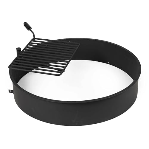 Ash & Ember 36" Steel Fire Pit Ring with Cooking Grate, 15.5" x 19.5" Swivel Grate with Spring Handle, Steel Fire Ring & Campfire Grill Combo for Outdoor Cooking, Durable High-Temp Finish