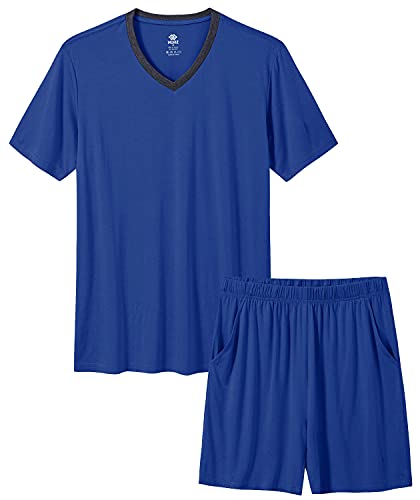 Mens Pajamas Sets Sleepwear Short Sleeve Lightweight Soft Summer Pjs Cotton Sleep Set V-Neck Lounge With Pockets Medium Blue 3XL