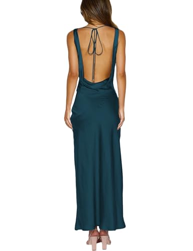 Satin Cowl Neck Sleeveless Backless Maxi Wedding Guest Dress Silk Open Back Tie Back Prom Formal Dresses for Women 2025 Deepgreen