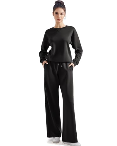 SUUKSESS Women Modal 2 piece outfits Oversized Sweatshirt Fall Lounge Set Wide Leg Pants Matching Sets (Black,S)