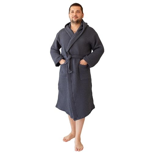 Viva Maison 100% Turkish Cotton Men's Waffle Robe with Hooded, Full-Length Waffle Knit House Robe for Men, Premium Soft Cozy Housecoat or Quick-Dry Bathrobe for Mens (S/M Size, Anthracite)