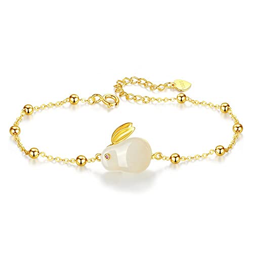 Rofeego Natural White Jade Rabbit Bunny Charm Link Bracelet 925 Sterling Silver Adjustable Mother's Day Gift Anniversary Jewelry Birthday Gifts for Women Wife Her (22k gold plated)