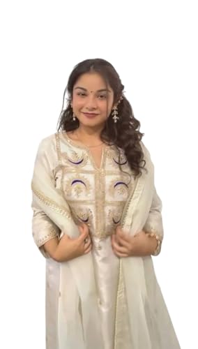 AURACRAFT TRENDS Women's Vichitra Silk Embroidery Sequence Work Kurti With Pant & Dupatta Set (White-L)