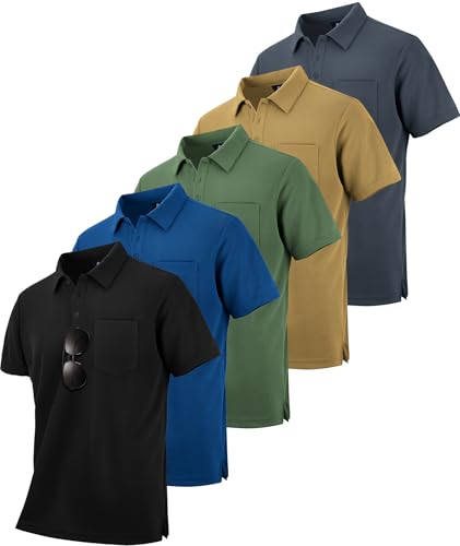 SCODI 5 Pack Mens Pocket Polo Shirts Short Sleeve Multipack Golf Shirt for Men Moisture Wicking Casual Athletic Work T-Shirts Grey Khaki Green Blue Black XL