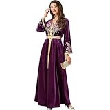 Muslim Women Velvet Abaya Dress Long Sleeve V-Neck Embroidery Robe Middle East Dubai Islamic Eid Maxi Kaftan Dresses Purple