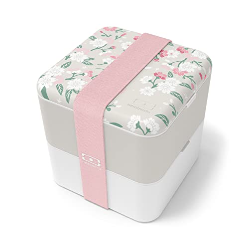 monbento - Large Bento Box MB Square Sakura with Compartments - Leakproof Lunch Box for Work and Meal Prep - BPA Free - Food Grade Safe - Japanese Flowers - Grey
