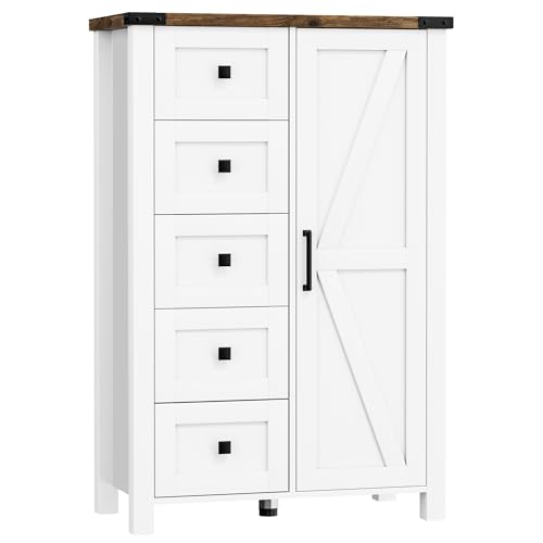 VVFLU Farmhouse Dresser Storage Cabinet Chest of Drawer for Bedroom, 5 Drawer Dresser with Barn Door, 48 Inch Tall White Wood Dresser, Adjustable Shelves, Rustic, for Living Room, Entryway, Hallway