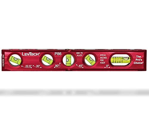 LevTech Plumber's P86 Magnetic Level – 5 Replaceable Vials (0°, 22.5°, 30°, 45°, 90°) with Slope Vial | Pipe Strap | Rare Earth Magnets | Heavy-Duty Pipe Level