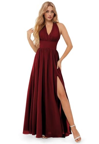 GARDOM Burgundy Bridesmaid Dress with Slit Long Halter Evening Dress V Neck Backless Elegant Formal Dresses for Women Wedding Guest Size 12