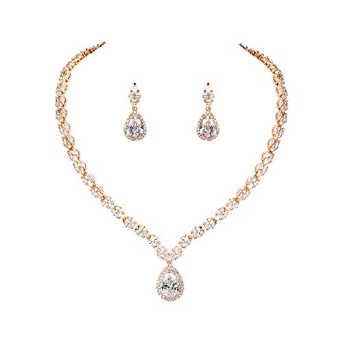 WeimanJewelry Silver/Gold Plated Women Cubic Zirconia CZ Marquise Teardrop Bridal Tennis Necklace and Drop Earring Set for Wedding Brides (Gold)