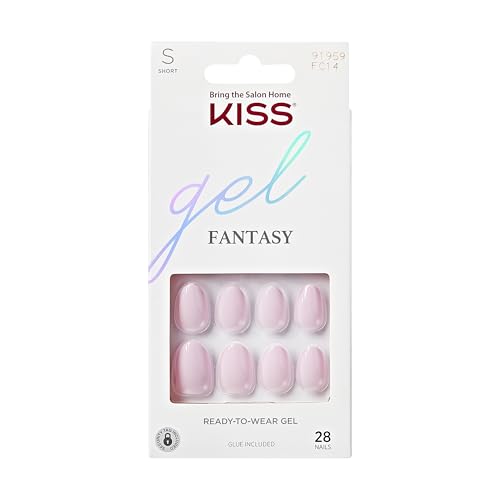 KISS Gel Fantasy, Press-On Nails, Nail glue included, 'Pure Love', Light Pink, Short Size, Almond Shape, Includes 28 Nails, 2G Glue, 1 Manicure Stick, 1 Mini File