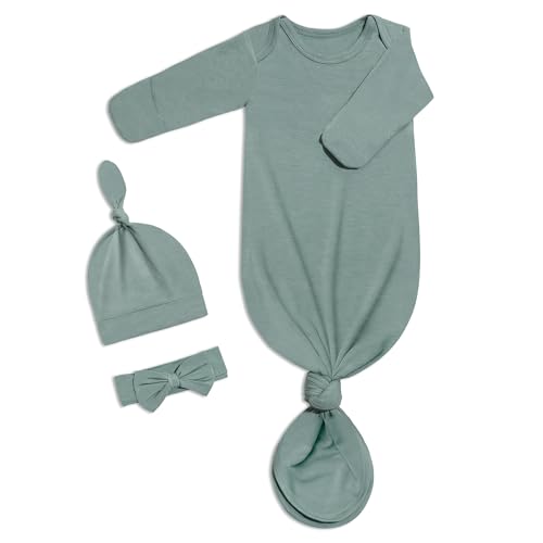 BozenTek Newborn Baby Knotted Gown, Super Soft Silky Infant Sleeper with Hat and Headband Set, Mittens for Newborn Baby Girls, Pea Green