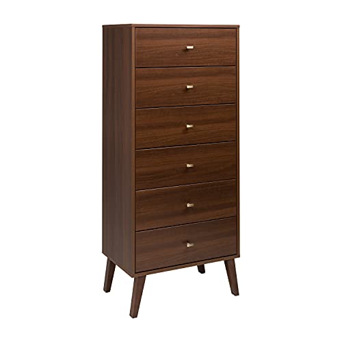 Prepac Milo Mid-Century Modern 6 Drawer Dresser, Tall and Narrow Chest of Drawers, Retro Bedroom Furniture, Lingerie Dresser, 18" D x 25" W x 57" H, Cherry
