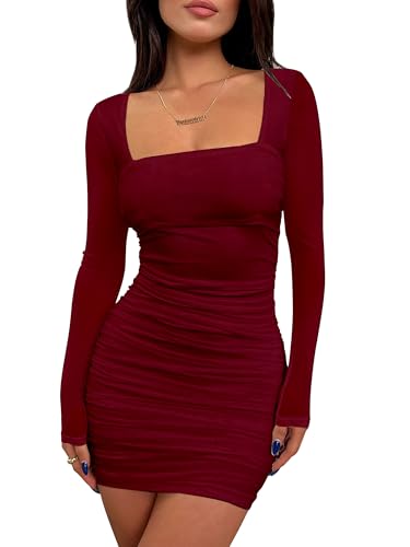 BORIFLORS Women's Sexy Ruched Bodycon Mini Dress Mesh Long Sleeve Club Party Short Dresses, X-Large, Wine Red