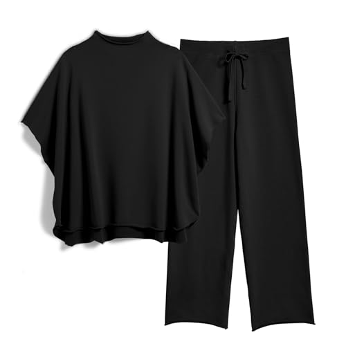 SeeLuNa Women's Two Piece Outfits 3/4 Batwing Sleeve Capelet Crew Neck Pullover Top Wide Leg Pants Lounge Set(Black,M)