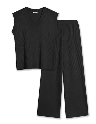 Ekouaer Lounge Sets for Women 2 Piece Outfits Knit Sweater Vest Lounge Pants Casual Matching Loungewear Set Black M