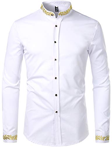 ZEROYAA Men's Luxury Gold Embroidery Design Slim Fit Long Sleeve Button Up Dress Shirts ZHCL44-White Medium