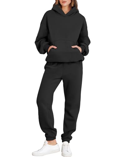 ANRABESS Womens 2 Piece Outfits Lounge Hoodie Oversized Sweatshirt Jogger Sweatpants Y2K Tracksuit Sweatsuit Set Fall Clothes Black Large