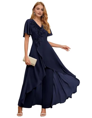2 Pieces Mother of The Bride Dresses Pant Suits Chiffon Outfit Women's Jumpsuit Navy
