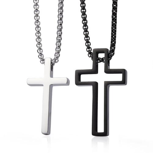 Wolentty Couple Cross Necklace Stainless Steel Religious Matching Necklaces for Valentine's Day Gift (Black/Silver)