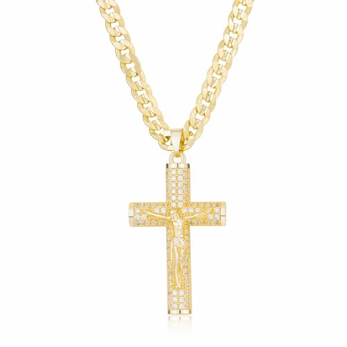 Holylegend No Fade 14k Gold-Plated Cuban Figaro Chain with Jesus Christ Crucifix, Cross Necklace for Men And Women,24 inches Long and 6mm wide