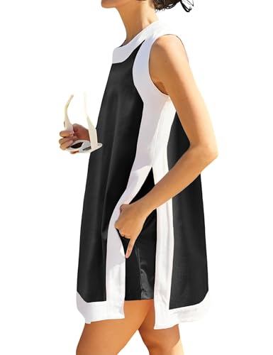 Hooever Women's 2 Piece Sets Casual Color Block Crewneck Sleeveless Pullover Tops Matching Shorts With Pockets(Black-M)