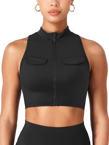 YEOREO CoreFlex Women Cargo Tank Top Summer Full Zip Workout Racerback Mock Pocket Fitted Sleeveless Fitness Gym Vest Black-S