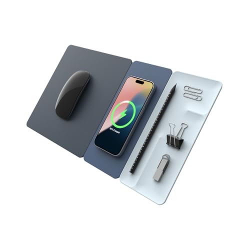 POUT H3 SplitMax 3-in-1 Wireless Charging Mouse Pad – Fast Qi Charger, Mousepad Mat, and Magnetic Tray Organizer – Compatible with Smartphones and Earbuds (Pacific Blue)