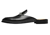 ELANROMAN Men's Backless Loafers Black Genuine Leather Mules Horse Buckle Slippers Shoes US 10