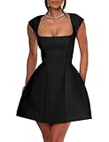 LuFeng Women's Square Neck Cap Sleeve Fully Lined Mini Dress Zipper A Line Party Club Dresses Black