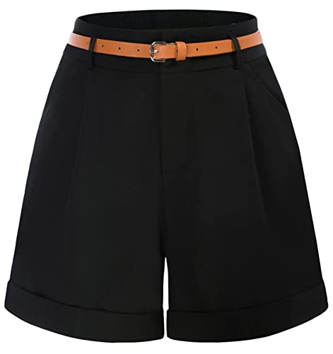 Ladies Black Bermuda Shorts with Pockets Elastic Waist Wide Leg Shorts for Casual (Black,M)