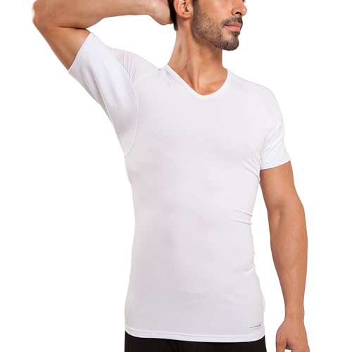 Ejis Men's Sweat Proof Undershirt, V Neck, Anti-Odor Silver, Micro Modal, Sweat Pads (X-Large, White)