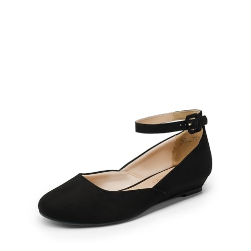 DREAM PAIRS Women's Dress Flats Ballet Low Wedge Round Toe Ankle Strap Comfortable Casual Flats Shoes,Size 9,Black/Suede,REVONA