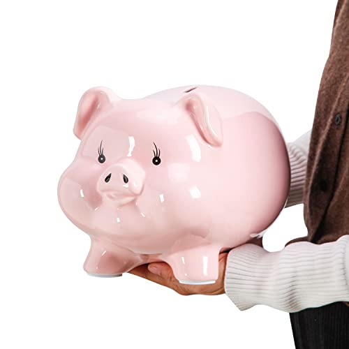 PIG WORLD 11'' Large Piggy Bank for Adults Must Break to Open,Ceramic Coin Bank,Piggy Bank for Boys,Girls Money Box Jar,Safe for Kids,Savings,Alcancias De Dinero para Adultos Niños,Real Money