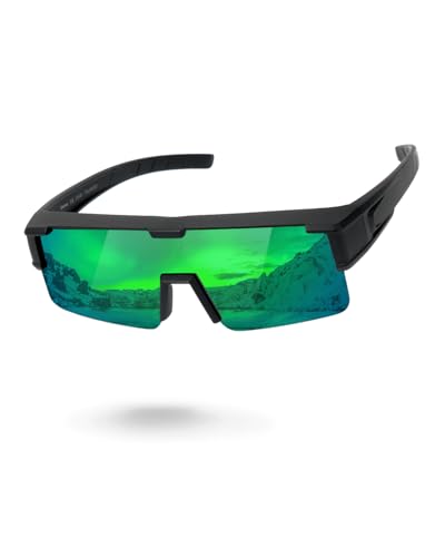 Meeloog Polarized Fit Over Glasses Sunglasses for Men Women, UV Protection Sports Wrap Around for Driving Cycling Fishing (P1 Black Frame/Green Mirrored Lens)
