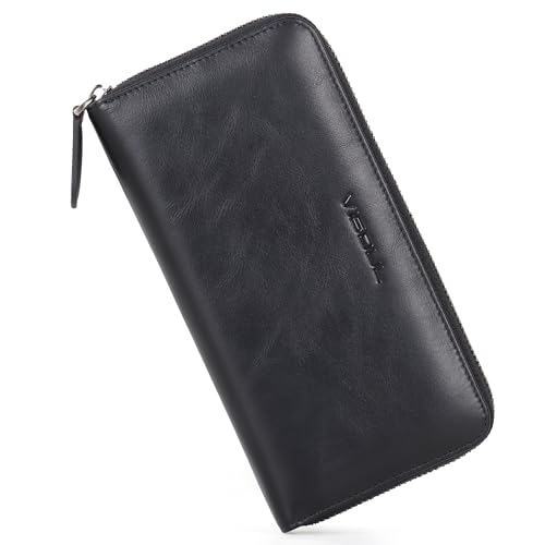 VISOUL Leather Long Zipper Pouch Wallet for Men and Women with RFID Blocking, Large Clutch Cash Long Wallet with Zipper (Black)