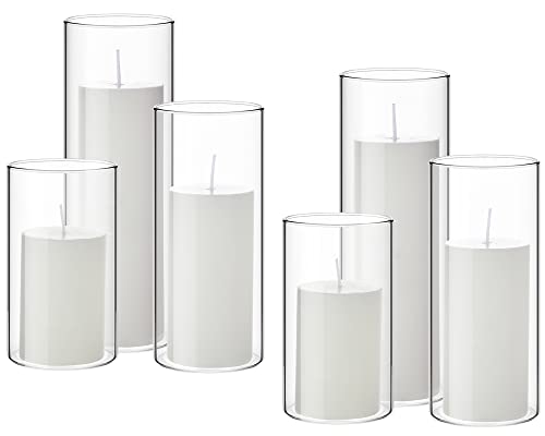 Shihanee Set of 6 Pillar Candles and Glass Cylinder Vases Clear Cylinder CandleHolders for Slim Tall Pillar Candles Wedding Centerpieces(2.6'' X 4.7'', 5.9'', 7.9'',White)