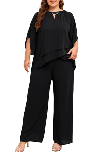 Hanna Nikole Plus Size Women 's Elegant Wedding Chiffon Pant Suit 2 Piece Set Mother of Bride Wear Black 24 Plus