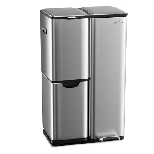 mVm 16 Gal 3 in 1 Kitchen Step Trash Can with Soft Close Lid, Heavy Duty Anti Fingerprint Brushed Recycling Bin for Office Home Markets, Ideal for Wet Dry Waste Sorting