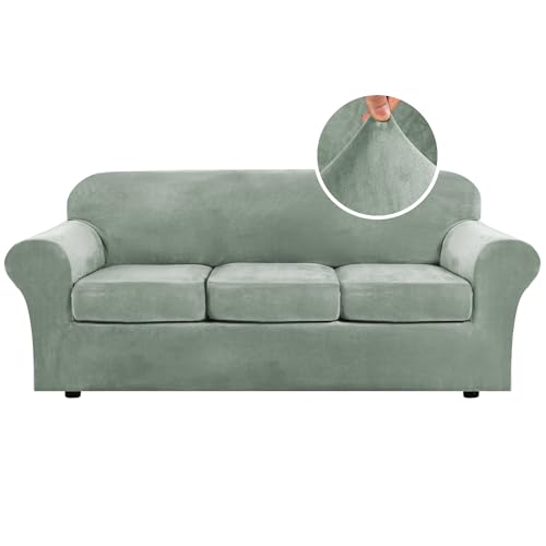H.VERSAILTEX Modern Velvet Plush 4 Piece High Stretch Sofa Slipcover Sofa Cover Furniture Protector Form Fit Luxury Thick Velvet Sofa Cover for 3 Cushion Couch Width Up to 90 Inch (Sofa, Sea Grass)