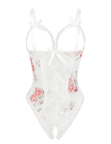 Avidlove Women One Piece Lingerie Sexy Lace Babydoll Mini Bodysuit Peony Print Small
