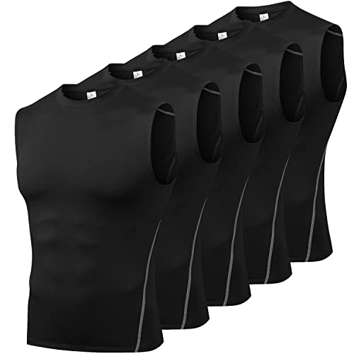 Odoland 5 Pack Mens Dry Fit Tank Tops, Compression Sleeveless Shirts, Athletic Workout Muscle Gym Undershirts, Black/Black, L