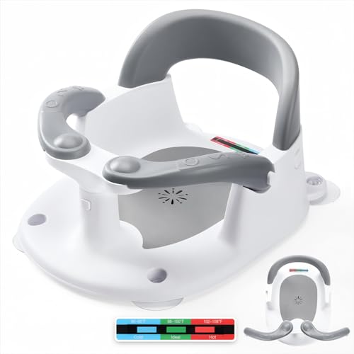 NFSVLB Baby Bath Seat for Babies 6 Months & Up Sitting Up with Temperature Alert+Soft Cushion+Suction Cup,Infant Bath Seat for Baby Bath Chair Toddler Bath seat for Bathtub Tub Shower Grey
