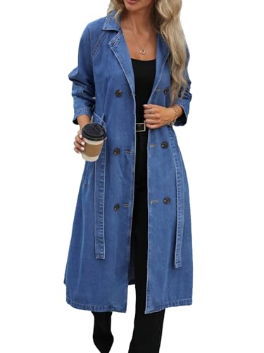 Foresi Womens Long Denim Jacket Plus Size Lapel Collar Long Sleeve Trench Coat Button Down Over Knee Tunic Outerwear