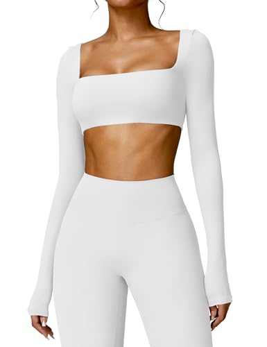 YEOREO Kyla Women Crop Top Long Sleeve Padded Sports Low Medium Impact Yoga Shirt Workout White