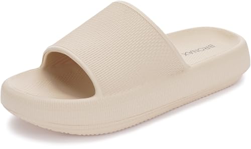 BRONAX Slides for Women and Men Unisex Open Toe EVA Rubber Plastic Pillow Slippers House Sandals Platform Slipers for Female Comfy Cushioned Thick Sole 42-43 Khaki